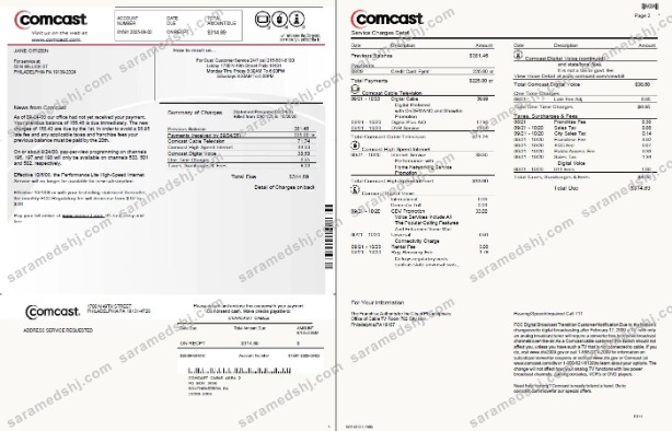USA Comcast utility bill template in Word and PDF formats, 2 pages, version 2